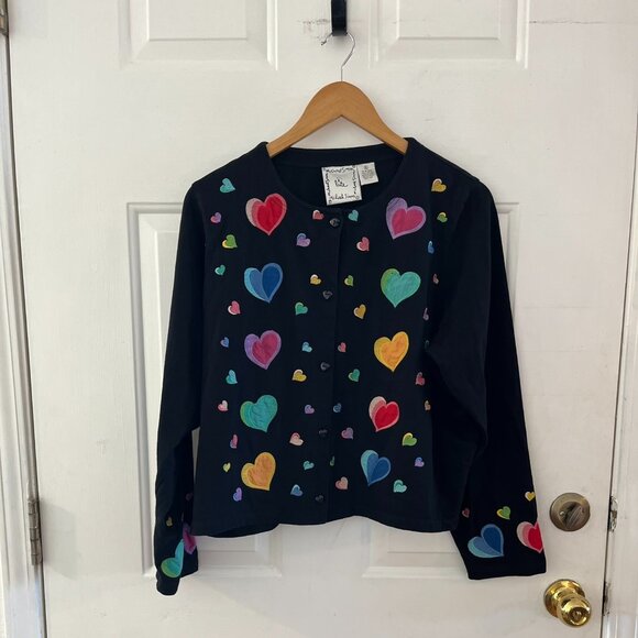 Michael Simon Lite Woman's Black Heart Love Me Cardigan Sz XL - Picture 2 of 8